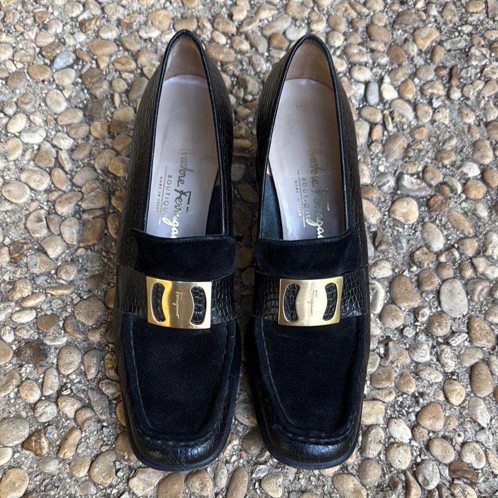 Salvatore Ferragamo Men’s Black Suede & Leather Loafers with Gold Accent
